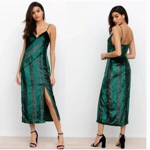 Anthropologie Yumi Kim Euphoria Emerald Green Stripe Velvet Metal Dress Size L